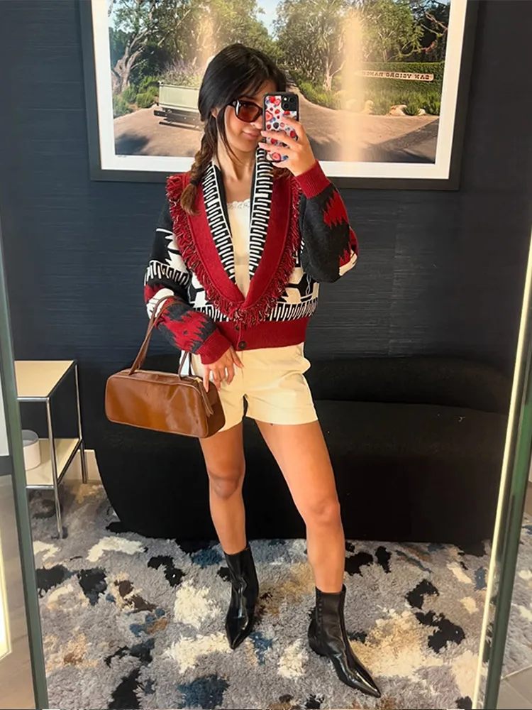 Tassel Patchwork Printed Cardigan Women Turn-down Collar Long Sleeve Knitted Fashion Lady Sweater Vintage 2025 Autumn Cardigans