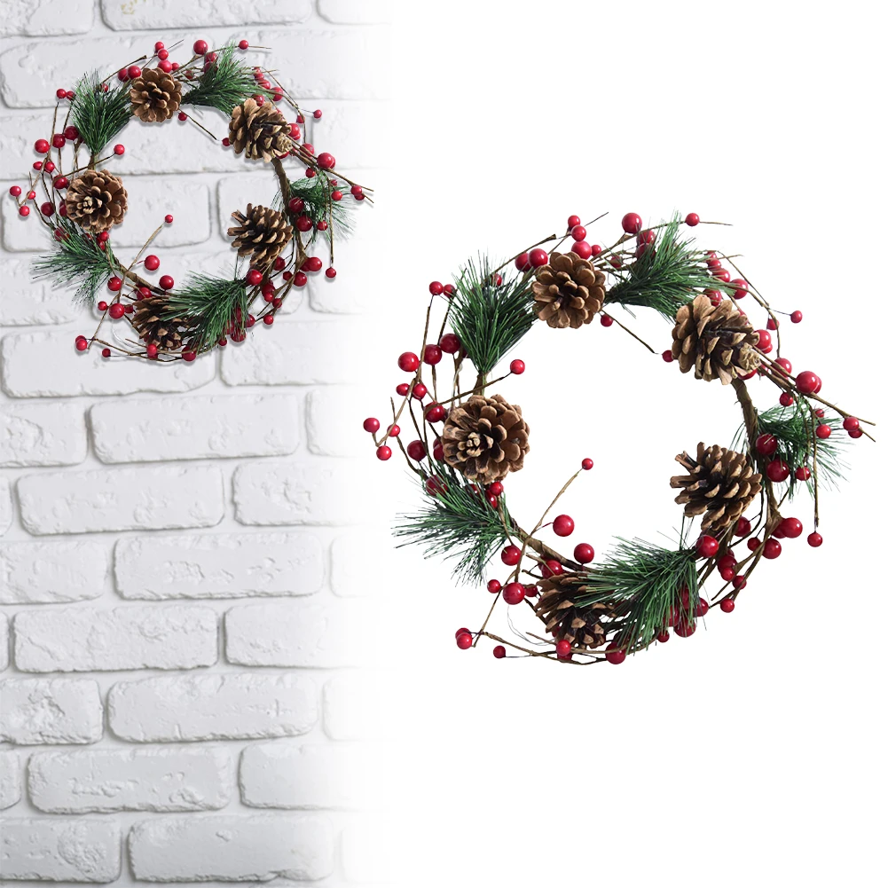 

Christmas LED Artificial Wreath Lamp with Red Berry Fake Wreath Light Pine Cone Rattan Garland for Party Wedding Decor