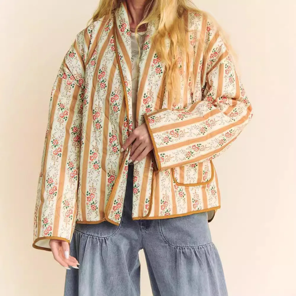 

Новая модная свободная хлопковая куртка с полосатым принтом и длинными рукавами для женщин, осенняя одежда, без бренда, без зарегистрированной торговой марки