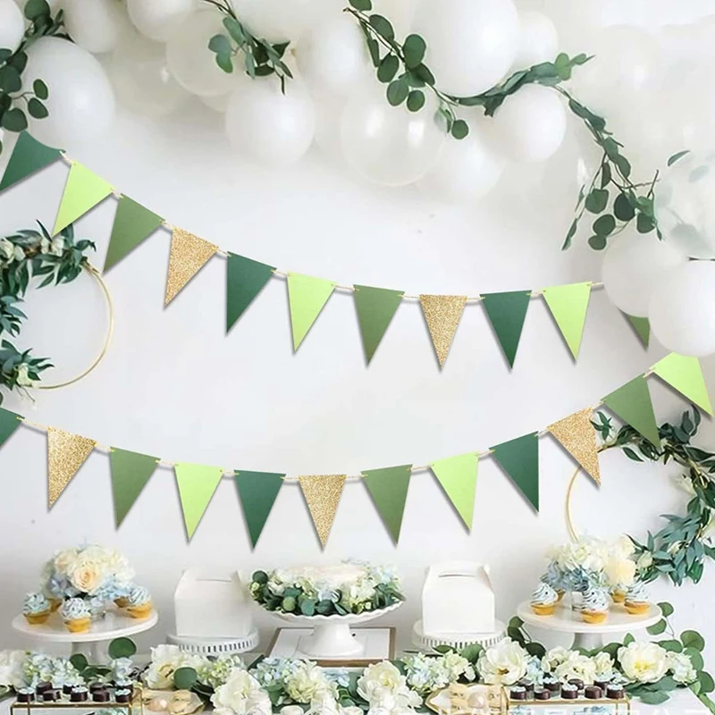 1Set Gold And Green Paper Triangular Flags Bunting Baby Bride Gift Party Birthday Party Decoration Wedding Party Banner