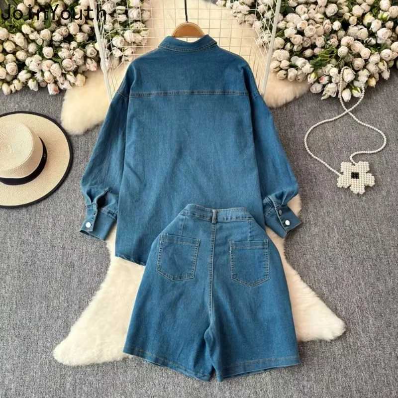 Two Piece Set Women Clothes Long Sleeve Oversized Shirt High Waist Vintage Casual Shorts Elegant Suits Fashion Denim Y2k Outfits