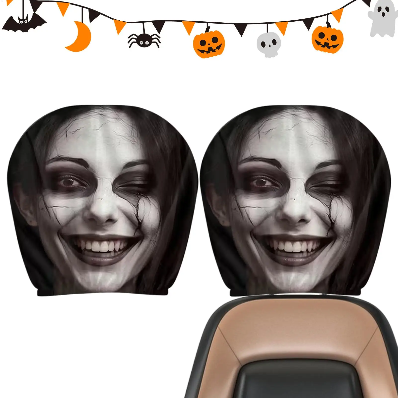 Ghost Headrest Covers 2 Pieces Horror Spooky Automotive Accessories Scary Headrest Cover for Vehicles Trailer RV Automotive