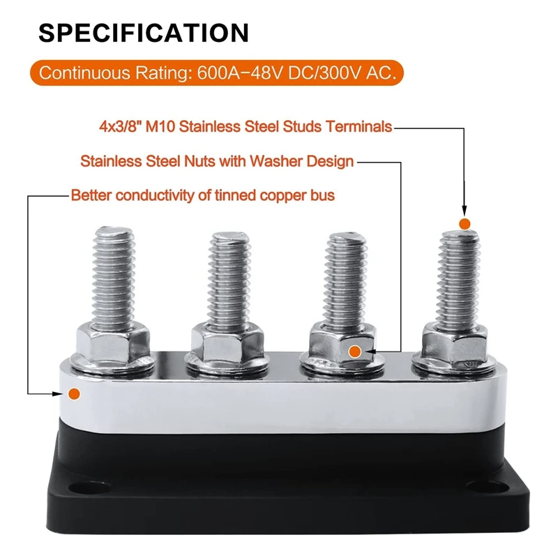 600A Bus Bar 4-Stud (3/8 Inch) M10 High Current Copper Busbar Terminal Block Marine DC 12V 24V 48V With Cover