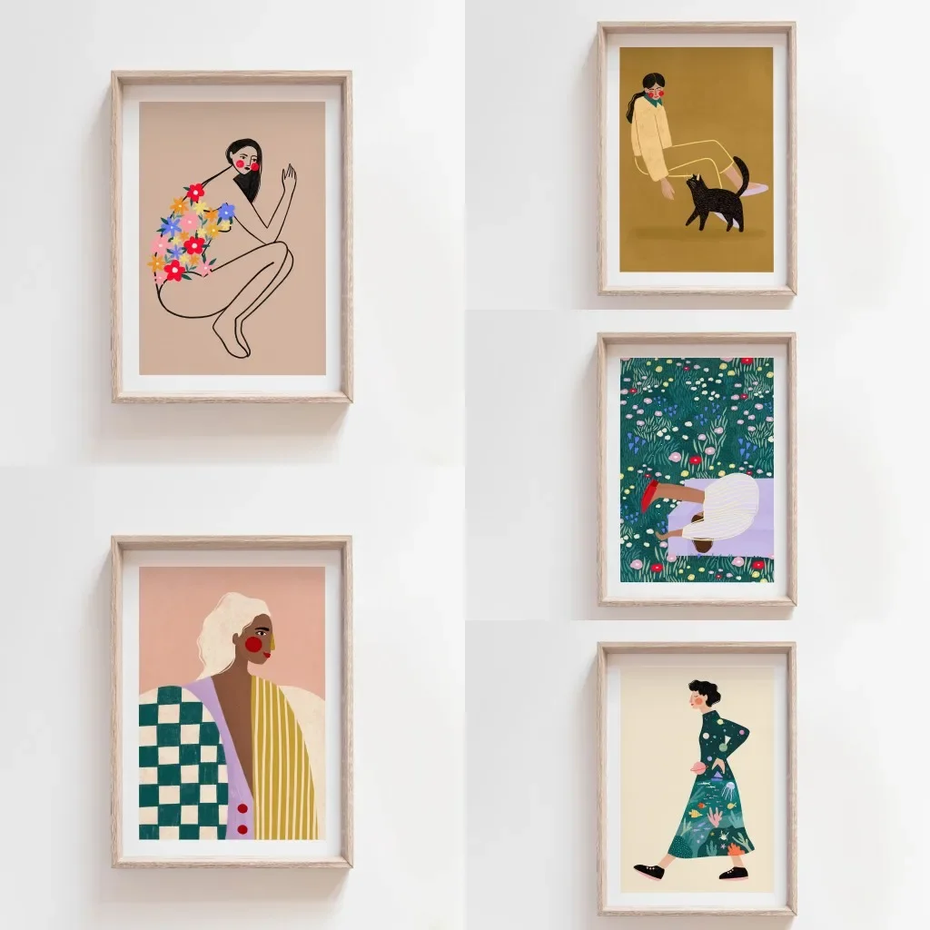 Multiple sizes 1pc frameless Large size Canvas Painting,Whimsical Colourful Art Print Vibrant Woman Minimal Portrait Canvas Pain
