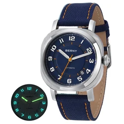 Reloj mecánico BERNY para hombre, funda con cojín de 38mm, reloj de pulsera con manecillas superluminosas de zafiro, reloj con calendario de lona para hombre