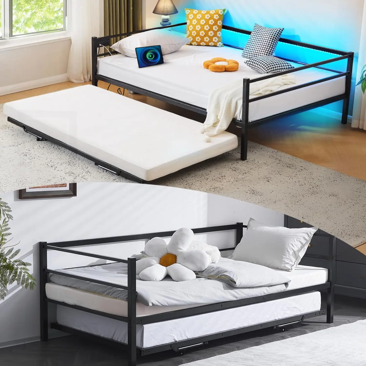 

Twin Daybed with Trundle Bed，Charging Station & LED Lights,Heavy Duty Metal Day Daybed with Pop up Trundle, No Box Spring Needed