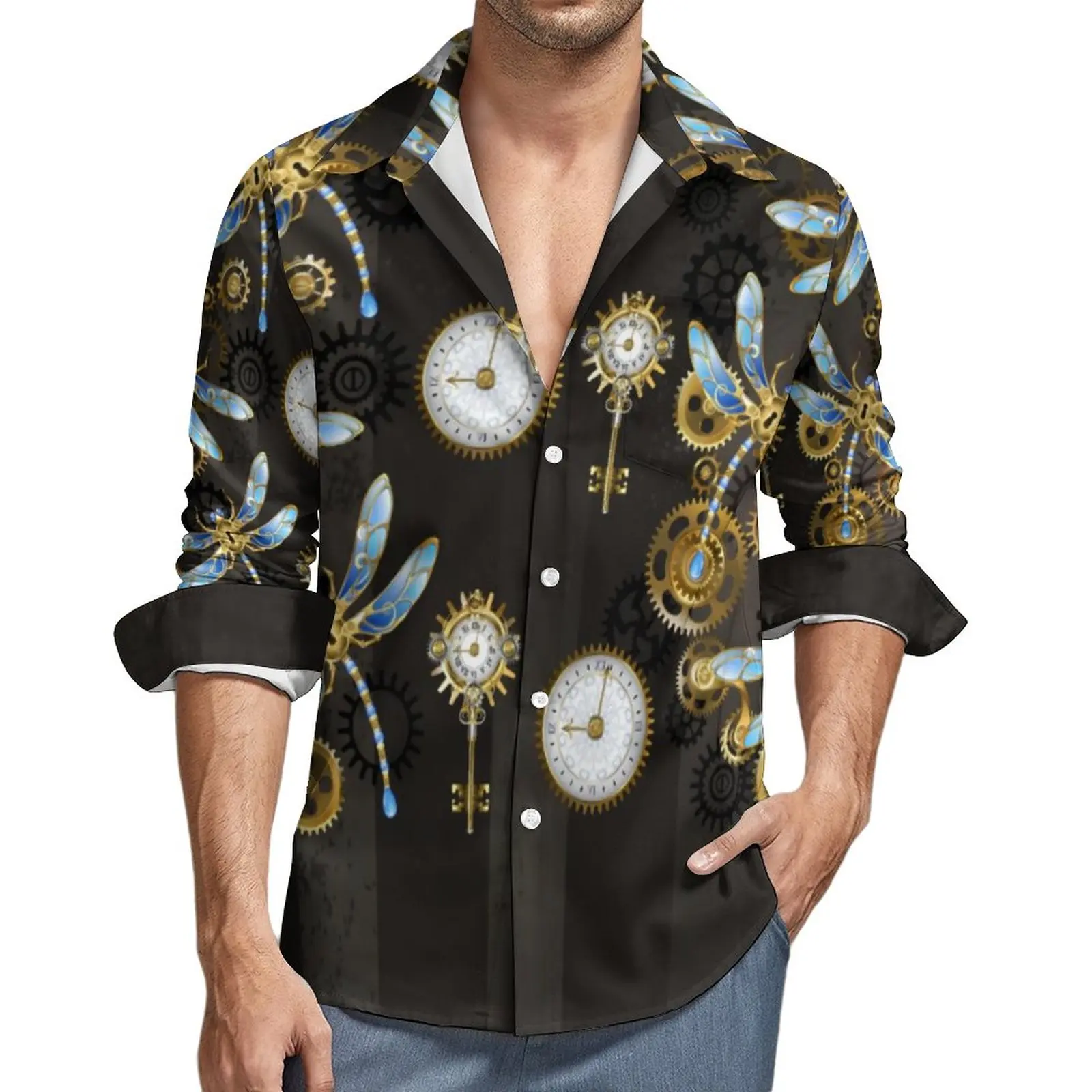 Camisa de libélulas Steampunk, camisas informales a rayas marrones, blusas gráficas de calle de primavera, Top fresco de manga larga de gran tamaño, Idea de regalo