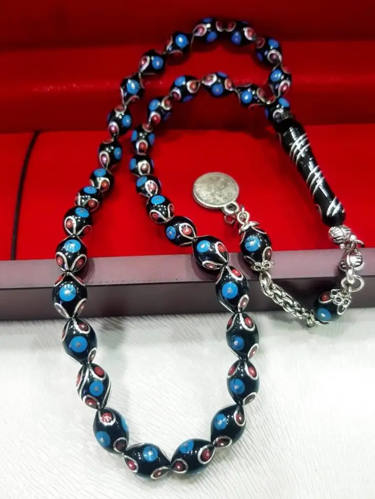 OLTU stone red blue silver processing rosary