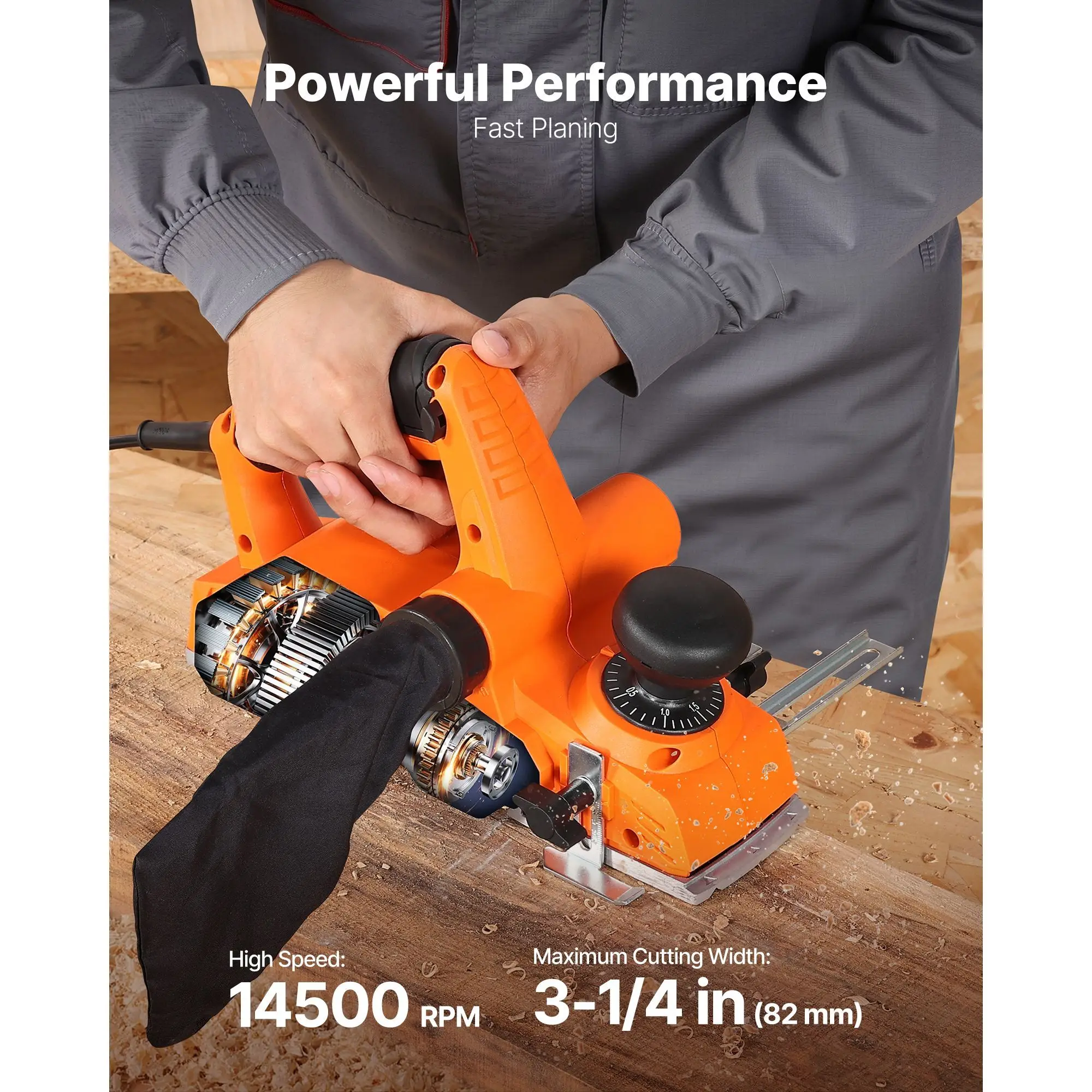 Electric Hand Planer, 3-1/4-Inch Cut Width, 7-Amp 14500 RPM Corded Power Handheld Planer for Wood, with Adjustable Cut Depth, 2