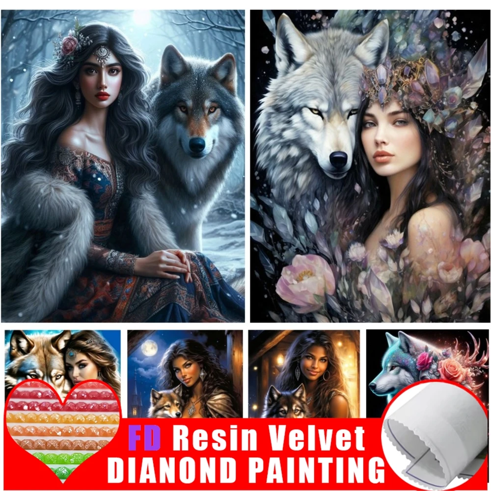 FD الراتنج DIY الماس اللوحة الجديدة 2024 امرأة وولف كامل الماس الفسيفساء طقم تطريز الكرتون الحيوانات ديكور المنزل #1