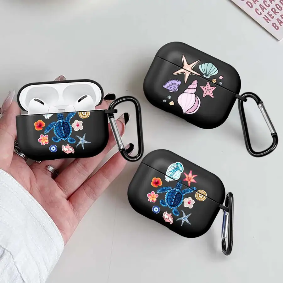 Earphone Cases Cover With Hook Case For Airpods 3 2 Pro2 4 Pro Pro3 1 Pastel Ocean Turtle Stickers