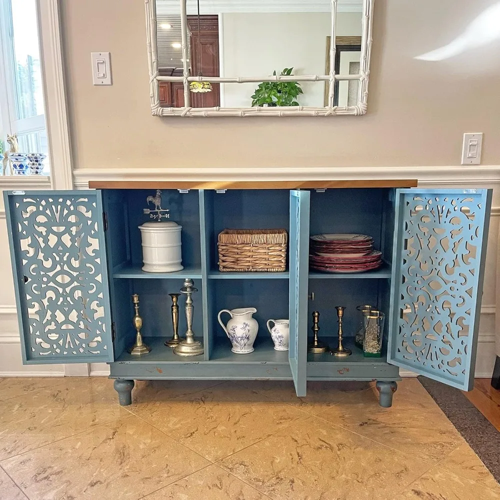 VILLA Accent Cabinet with Doors - Sideboard Buffet Distressed Cupboard for Living Room/Dining Room/Hallway, Blue Storage