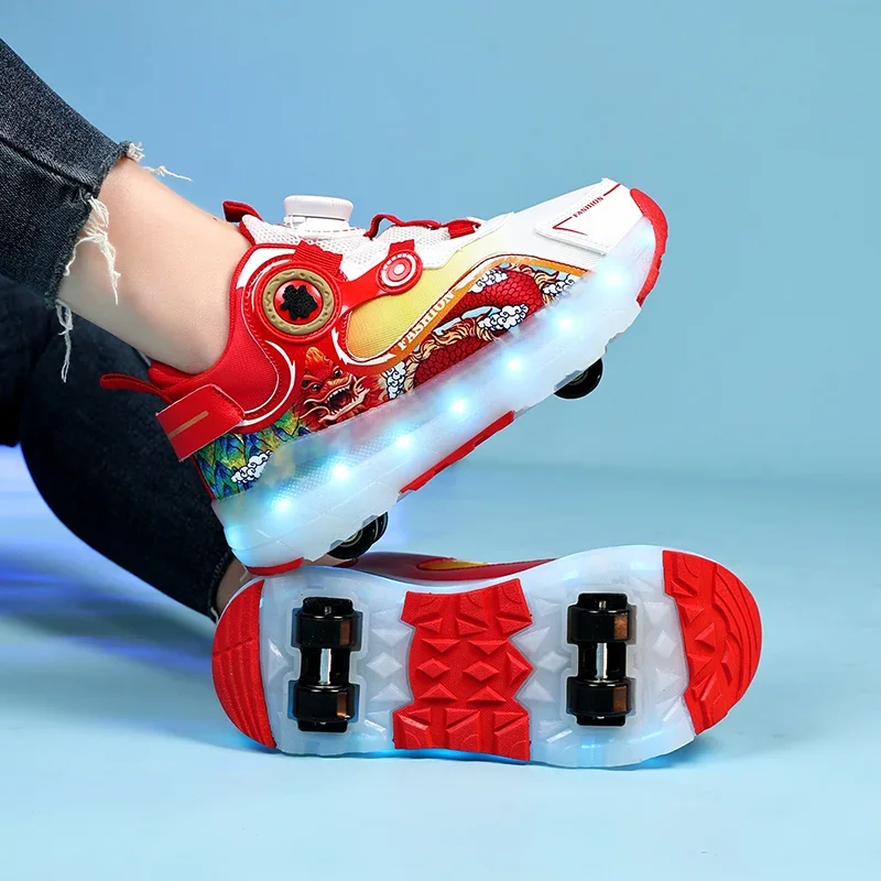 Sepatu Kets Bercahaya Empat Roda Anak-anak Sepatu Roller Skate Lampu Led Hitam Merah Muda Sepatu Led Anak Laki-laki Perempuan Pengisi Daya USB