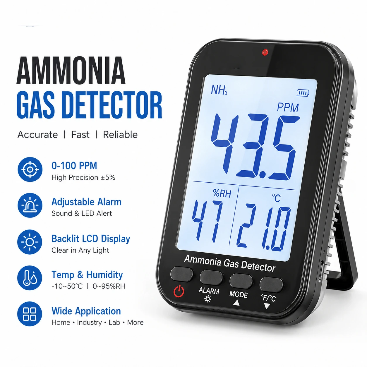 

Rechargeable Ammonia Gas Detector 0-100PPM NH3 Air Quality Monitor with Temperature Humidity Meter for Indoor Farm Use