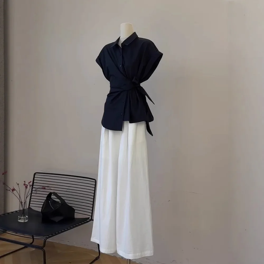 

Women's Summer Black Bandage Bowknot Shirts White Wide Leg Pants Two Piece Set Korean Office Lady Graceful Blouse Trousers Suits