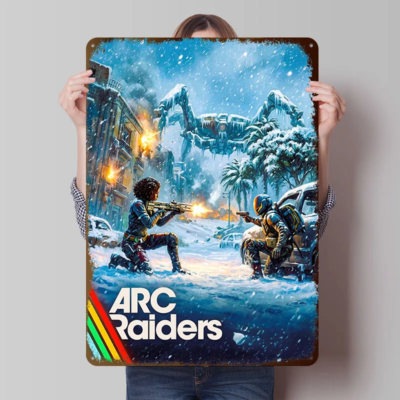 Arc Raiders: Snowy Battle Scene Printed Poster Customized Wall Art Retro Vintage Metal Tin Signs for Bathroom Decor Room House