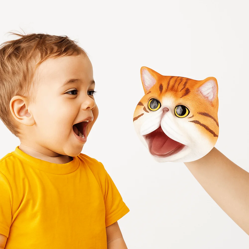 

Vinyl Animal Head Hand Puppet Soft Simulation Cat Figure Toys Gloves Educational Teasing Pet Cat Head Model Toy Parent-child