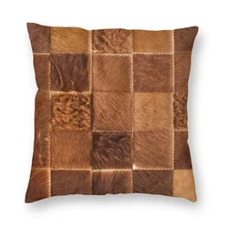 Brown Checkered Cowhide Patche Pillow Cover Home Decorative Animal Fur Leather Texture Cushion Cover Throw Pillow for Car