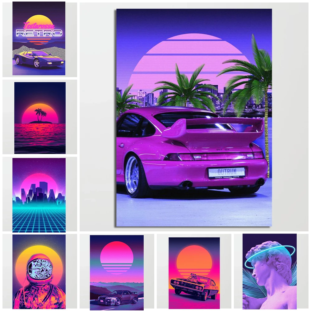 80s City Night CAR HOUSE SUNSET Wall Art 80s Outrun Vaporwave Style Poster Painting Decoration Kawaii Room Decor Canvas Poster