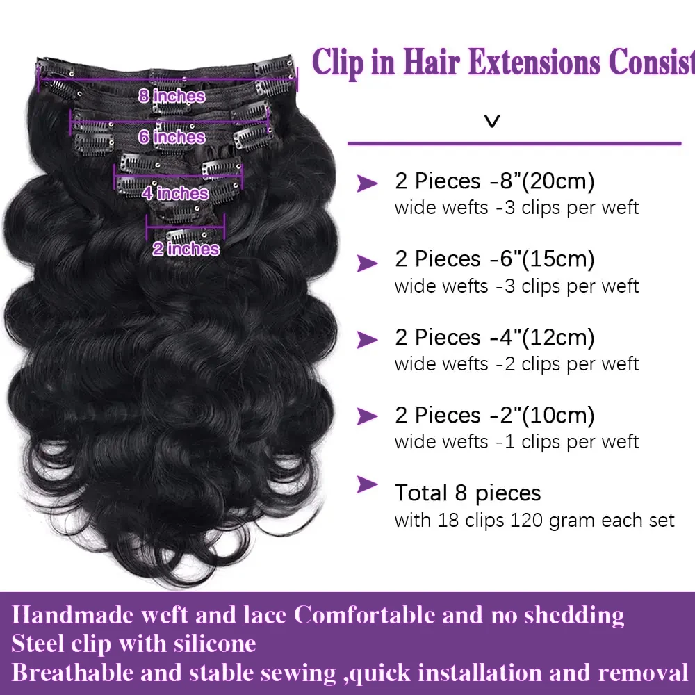 Body Wave Clip In Hair Extensions For Black Women Brazilian Remy Virgin Hair 8Pcs Clip In Human Hair Extensions 240g Per Pack