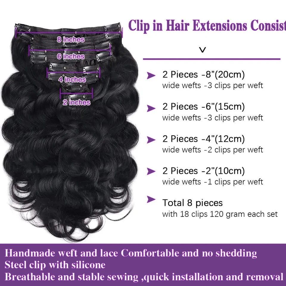 Extensiones de cabello humano con clips Body Wave, 8 piezas, negro natural, remy, tejido de piel, para salón 4