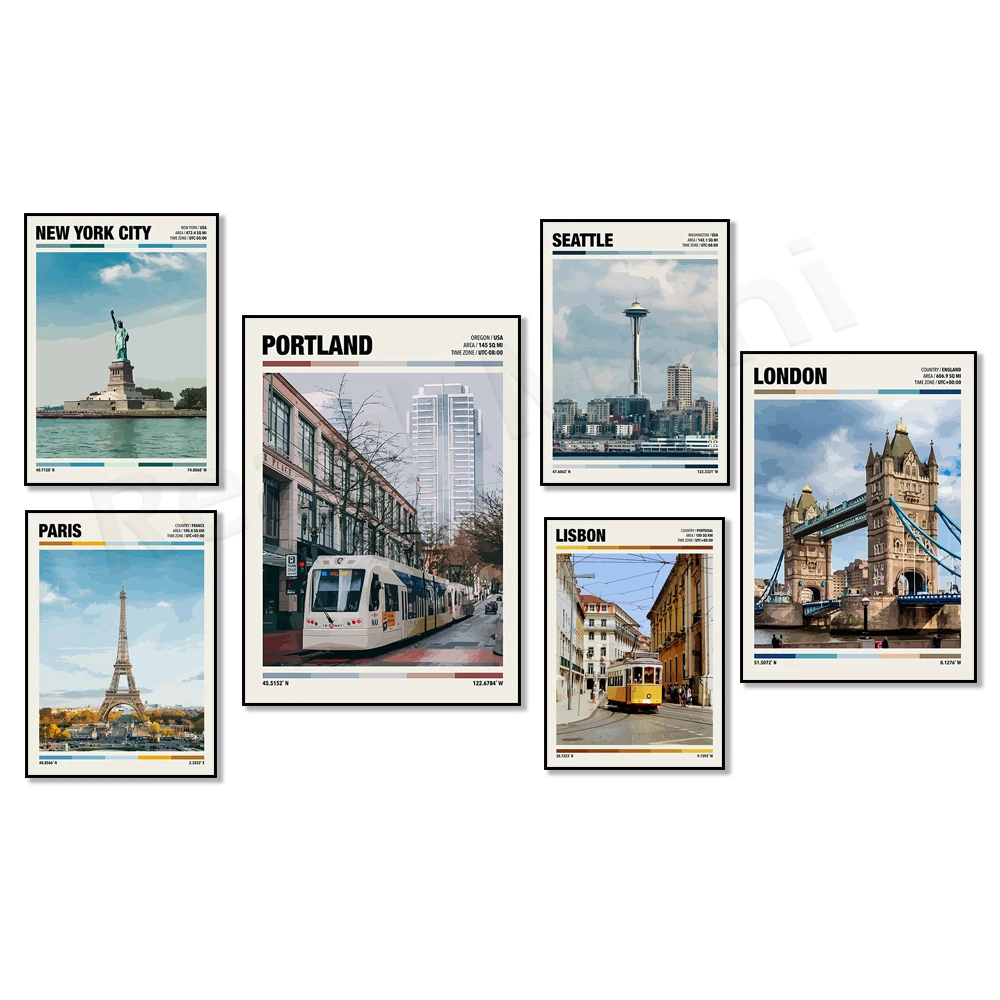 San Francisco, Lisbon Portugal, Downtown Portland, Seattle Space Needle, New York City, London, Rome, Eiffel Tower travel poster