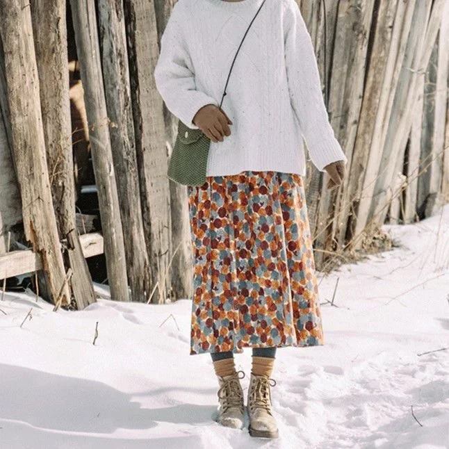 Saia retrô de veludo cotelê feminina, comprimento médio, cintura alta, suéter, balanço grande, roupas de inverno, Y2K