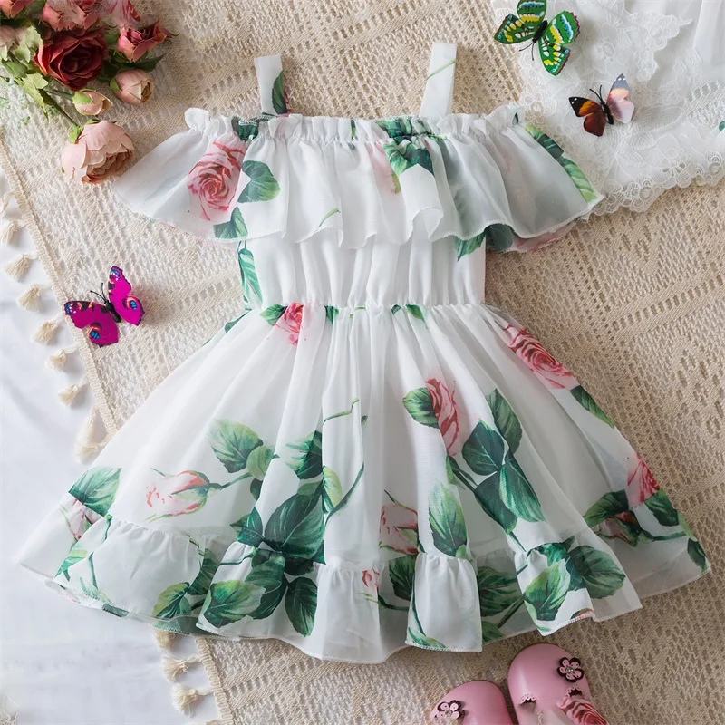 Toddler Girls Floral Print Dress Off Shoulder Suspender Sundress Ruffle Princess Birthday Dress Baby Summer Casual Clothes