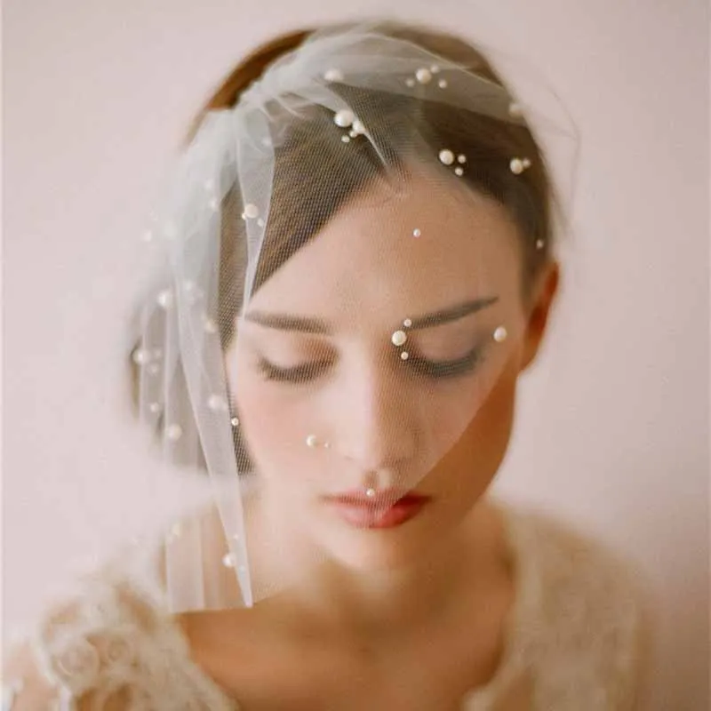 New White Ivory Headband Veils for Bridal with Pearls Charming Veil for Wedding Fascinator Birdcage Veil on the Face Mini Veil