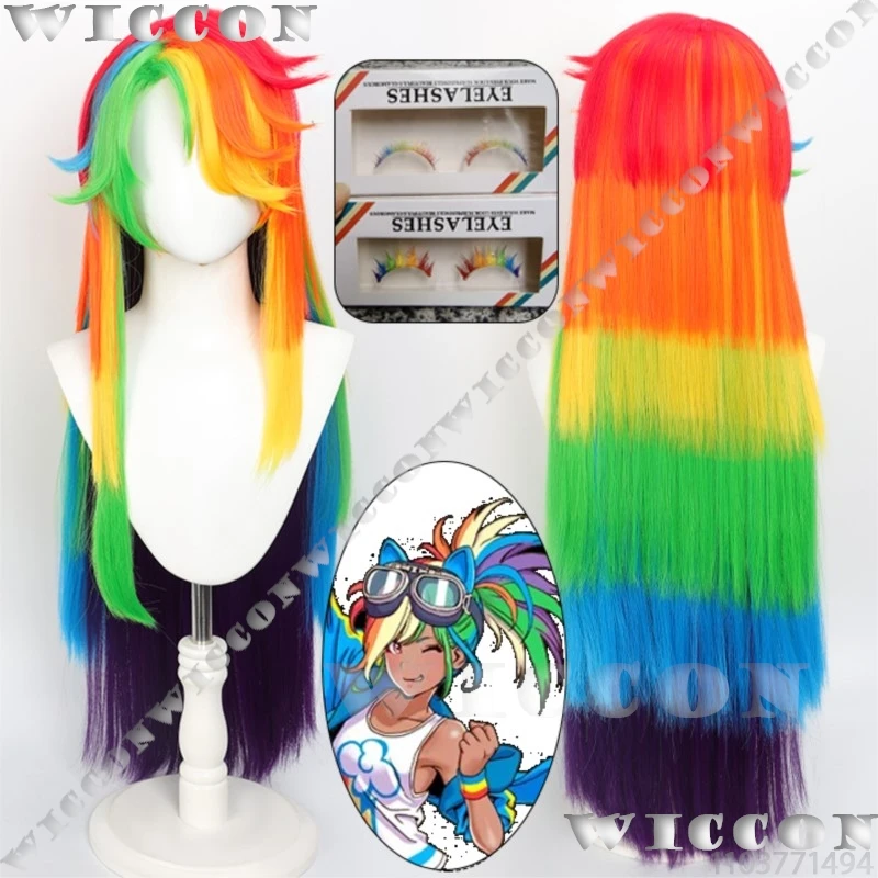 Rainbow Dash Anime Pony RD Cosplay Prop 90cm Wig Colorful Hair Eyelash Women Girl Cute Cool Outfit Holloween Party Customized