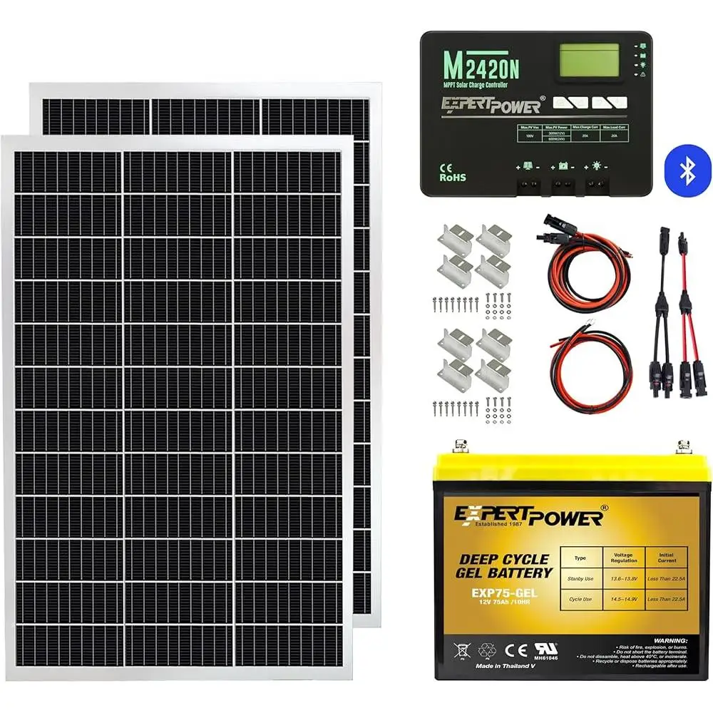 200W 12V Solar Power Kit Off-Grid with 900Wh Gel Battery 20A MPPT Charge Controller Monocrystalline Solar Panels DC Cables