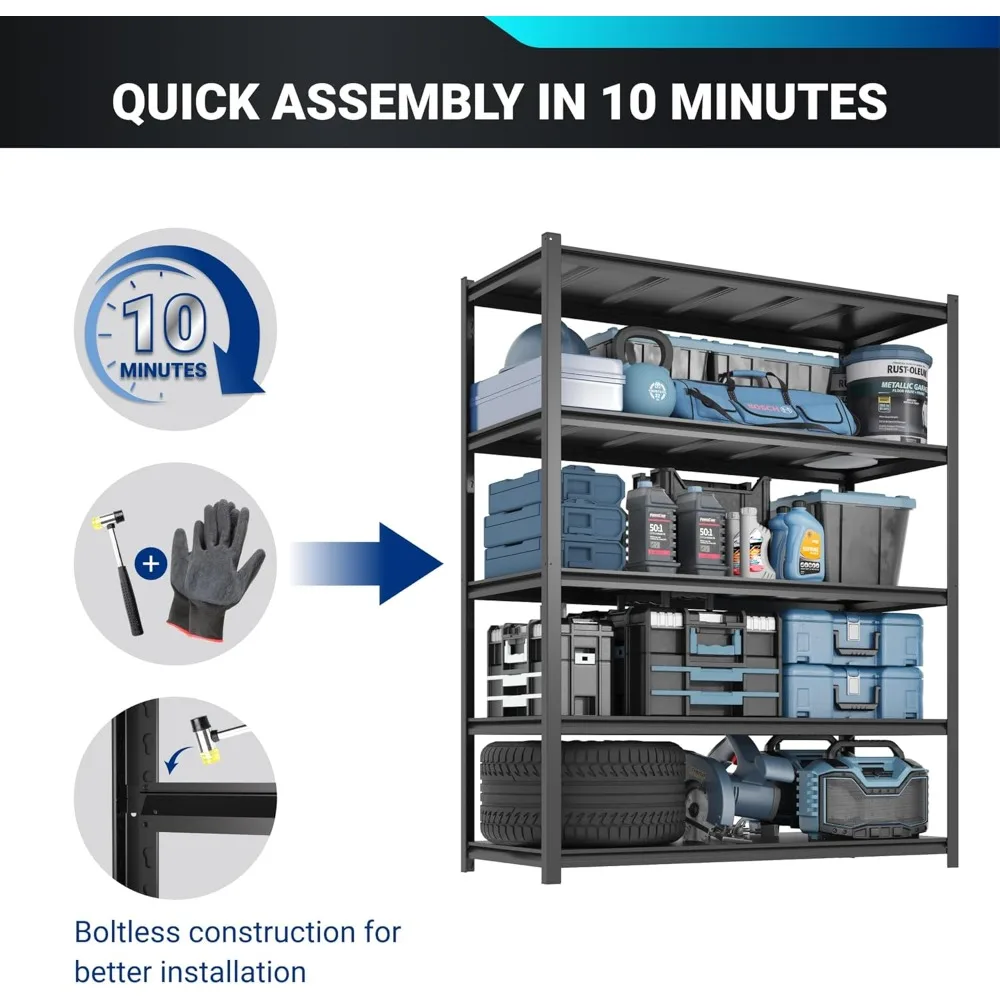 Entrega gratuita - 1 pacote de estantes de garagem, prateleira ajustável resistente de 5 camadas, rack de armazenamento com capacidade de peso de 2.000 libras, 6 pés de altura