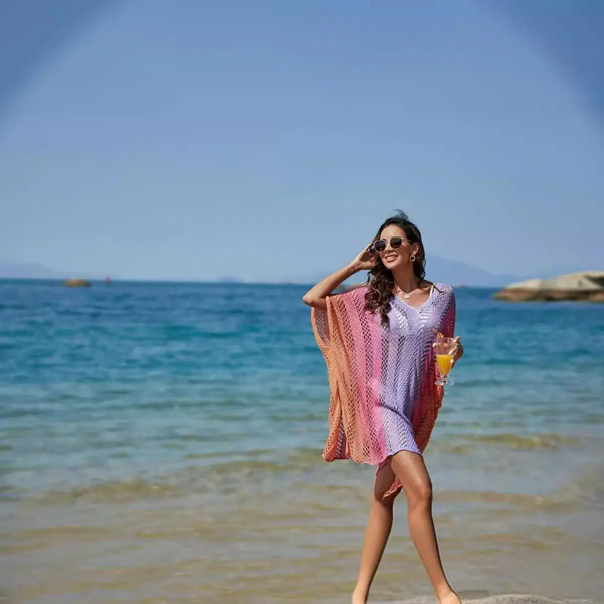 Capa de Praia Assimétrica em Malha Colorida Plus Size para Mulheres, Roupas Protetoras Fashionáveis