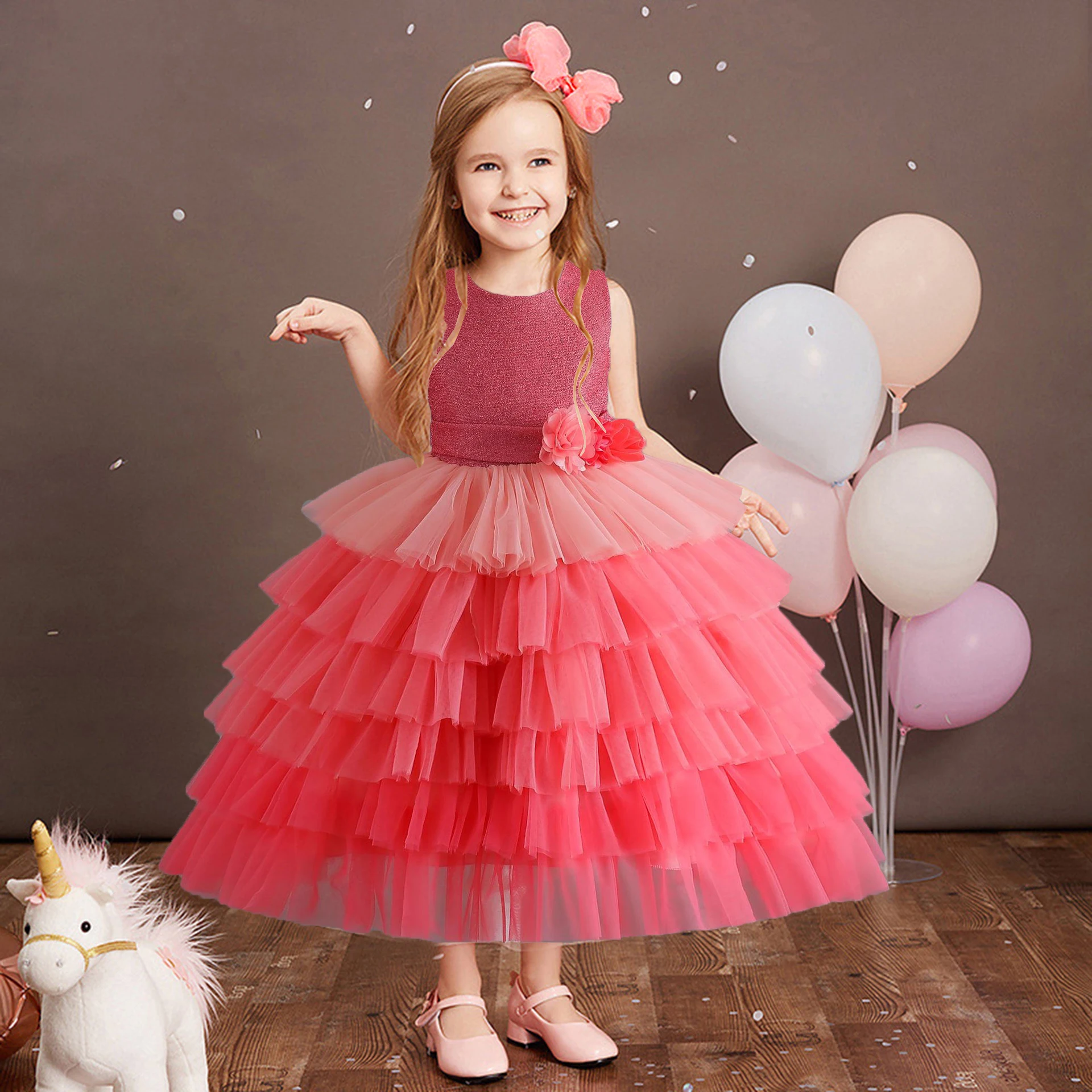 

Stunning Little Big Girls 3D Flower Girl Birthday Party Pageant Graduation Ceremony Rainbow Layered Ruffled Cupcake Tutu Dress