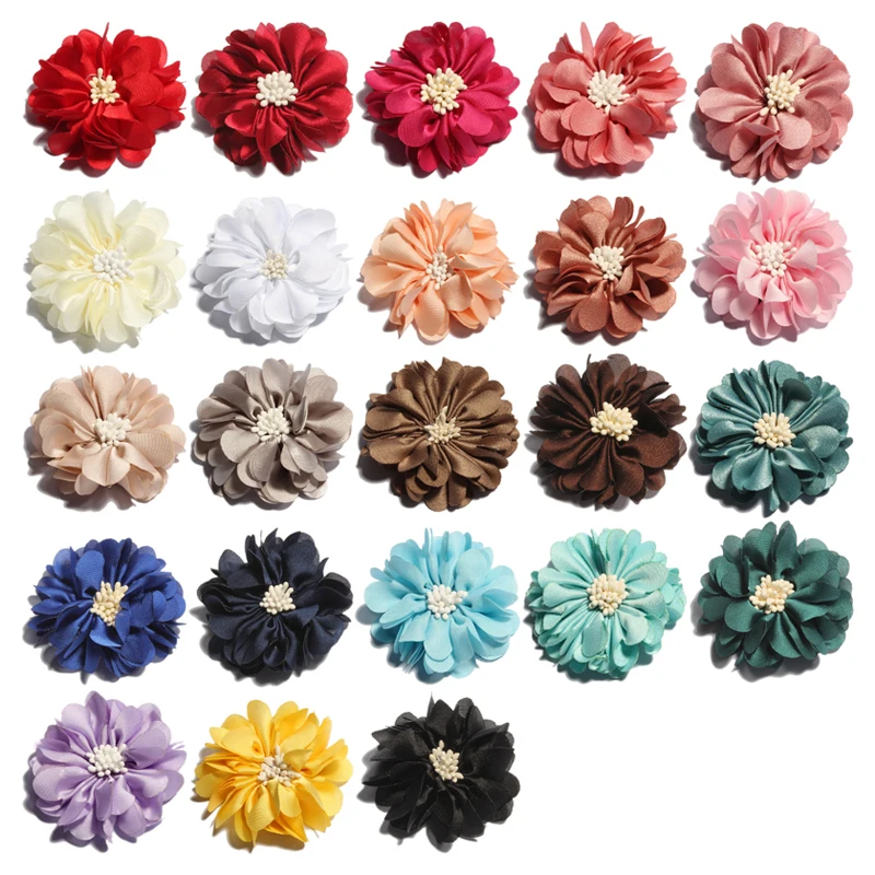 20PCS 23 colors 5cm Newborn Vintage Wrinkles Fabric Flowers with Match End Do Old Chiffon Hair Flowers for Kids Hair Accessories