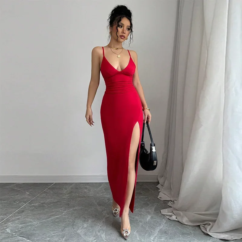 Long Ankle Length Empire Waist Stock Sexy Slim Fit Split Dress Summer New Strap Dress One Step Skirt V Neck Sleeveless
