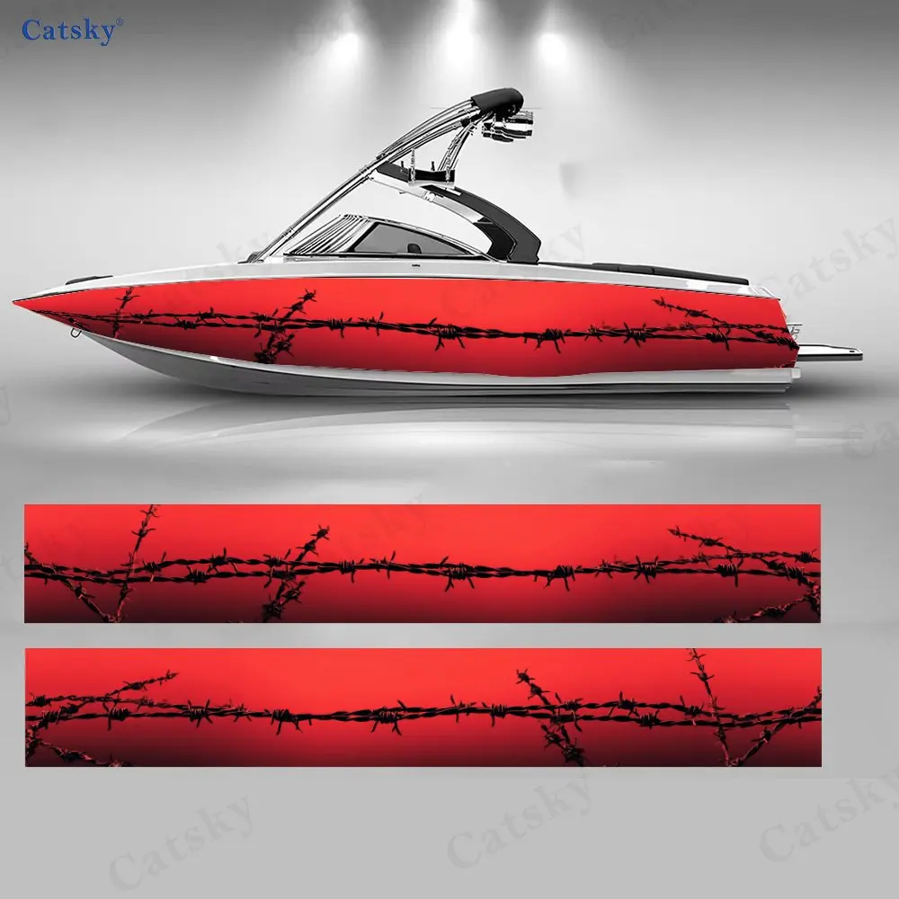 

Red Background Barbed Wire Boat Stickers, PVC Waterproof Durable Vinyl Wrap Decals for Fishing Boats, Durable and Stylish Design