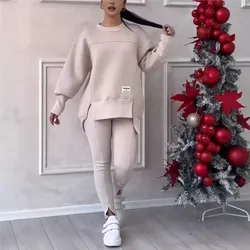 Women's Autumn Winter Sweatshirt Sports Set Casual Fashion Solid Loose Irregular Sweatshirt Top And Slim Trouser Two Piece Sets