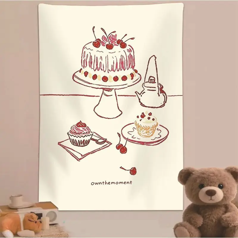 VIKAMA Cherry Cake Drawing Tapestry, Food Illustration Wall Hanging for Bedroom Kitchen Dining Decor