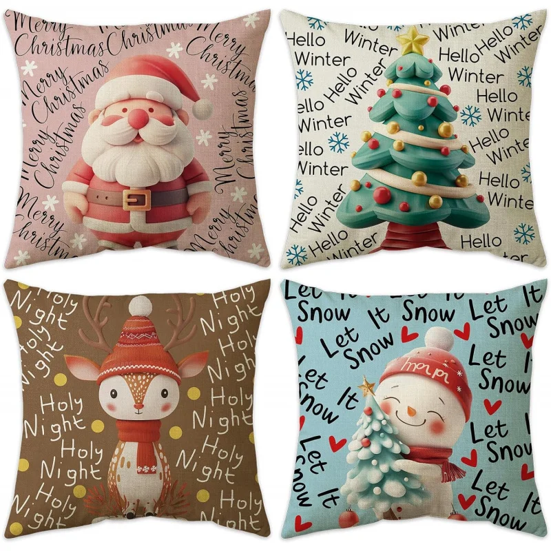 

18x18 inch Christmas pillowcase with 4 winter holiday decorations, tree and reindeer hugging pillowcases