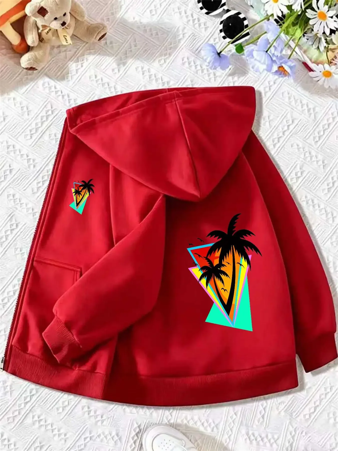 Kids Zip Hoodie Retro Triangle Tropical Palm Tree Graphic Print Long Sleeve Loose Hooded Jacket For Boys Girls Casual Outerwear
