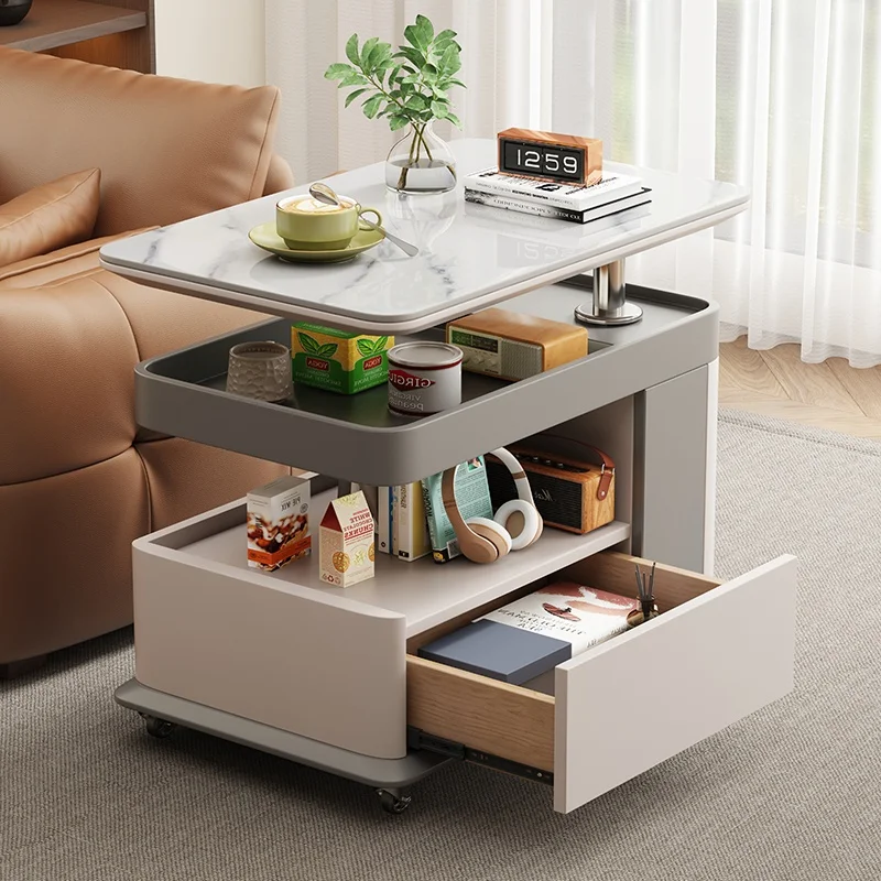 Modern Wooden Rotating Side Table, Liftable Stone Top Storage Coffee Table, Movable Durable Furniture for Living Room Balcony