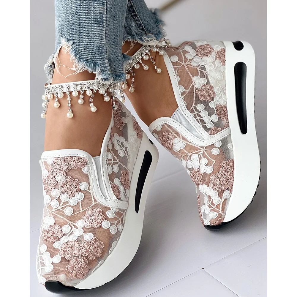 Women Floral Embroidery Sheer Mesh Round Toe Sneakers Autumn Women Casual Daily Platform Shoes Korean Style Spring Summer