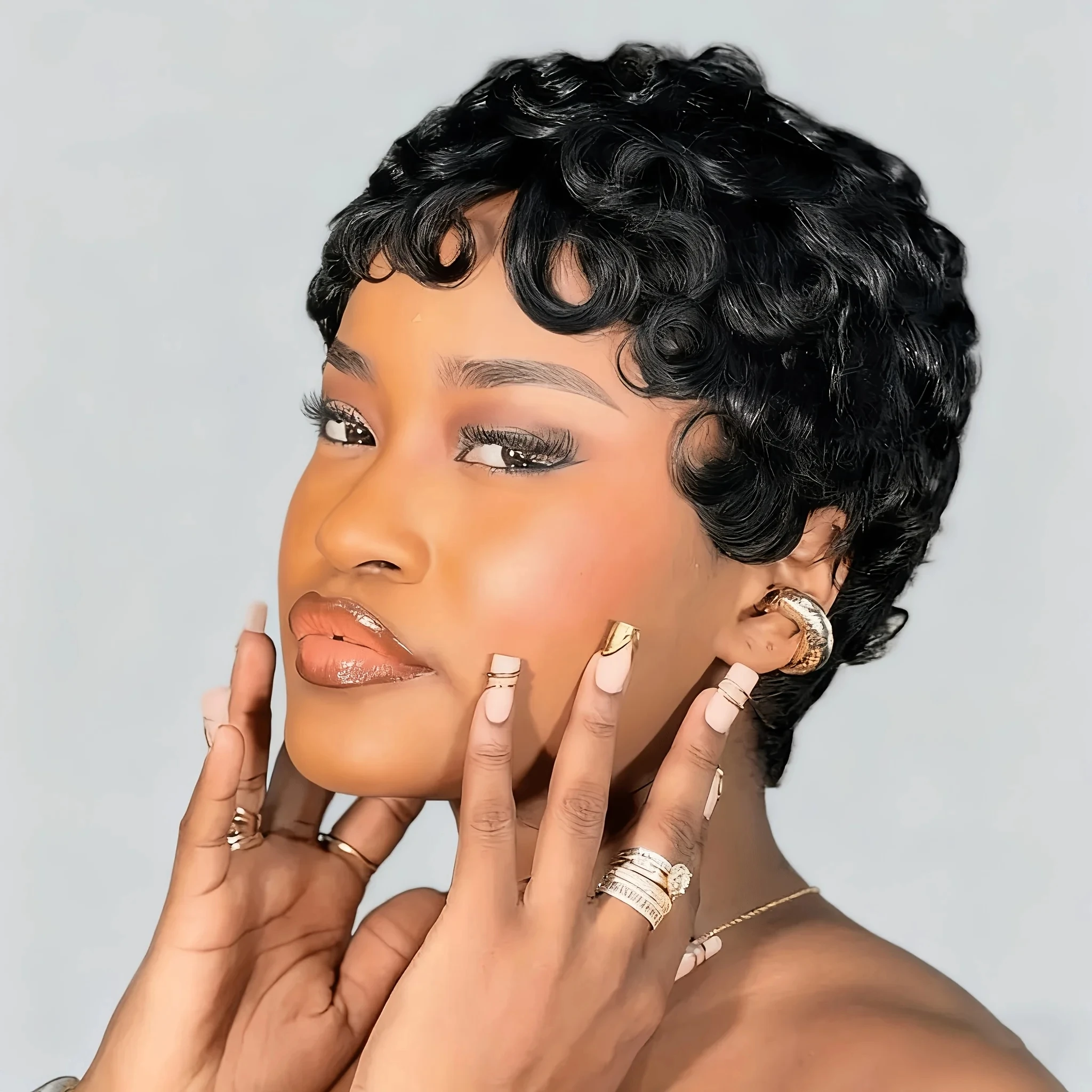 

Короткий волнистый парик пикси-каре из натуральных человеческих волос, полностью машинной работы, с челкой, для чернокожих женщин, из бразильских волос Реми.