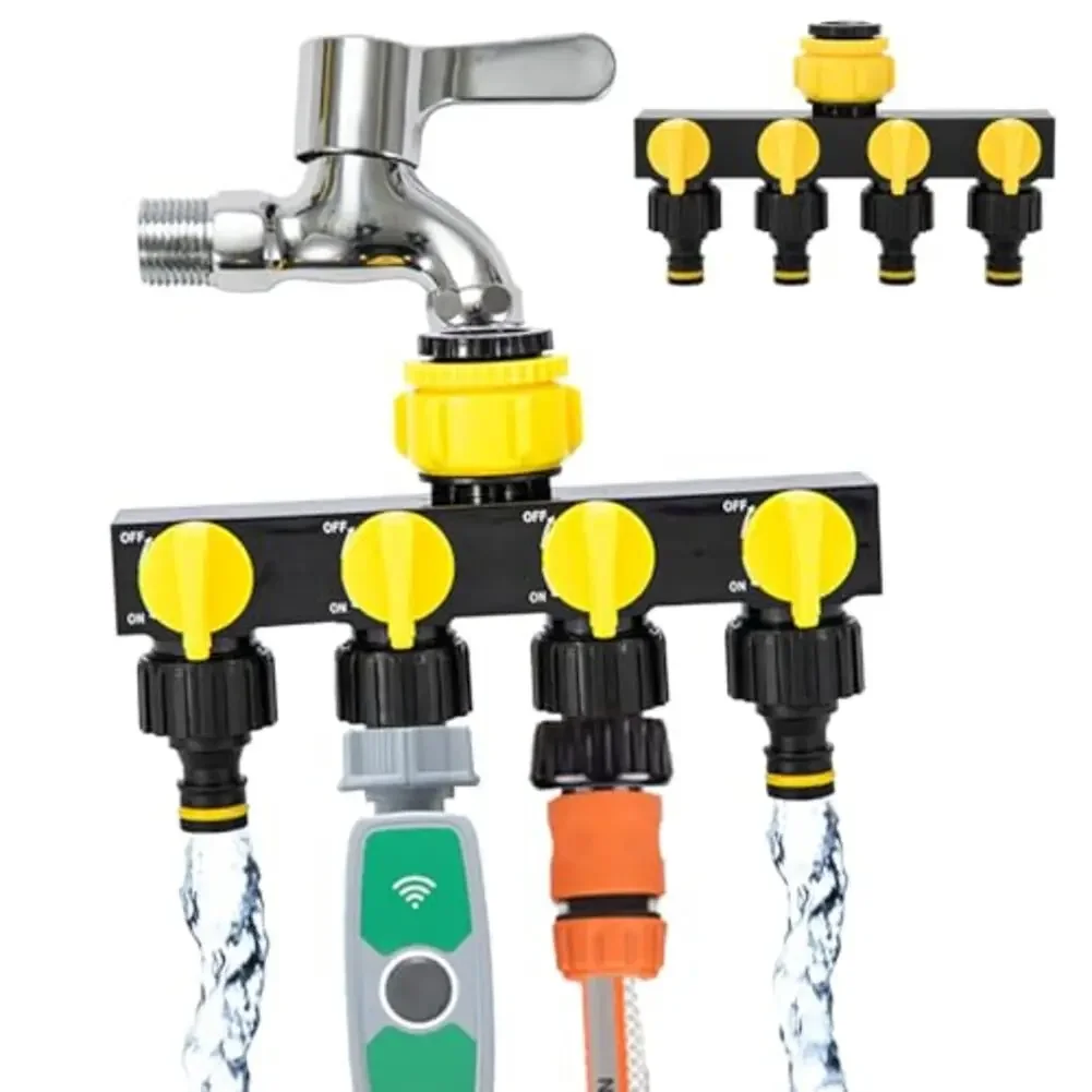 Four Way ABS Hose Distributor with Individual On Off Switches for 1 3/4 1/2 Inch Garden Hoses Quick Connect Fit