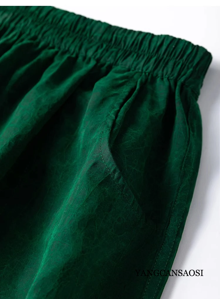 Double Sided Forest Green 100%Natural Mulberry Silk Turtle Crack Fragrant Cloud Yarn Retro Artistic Elastic Waist Wide Leg Pants