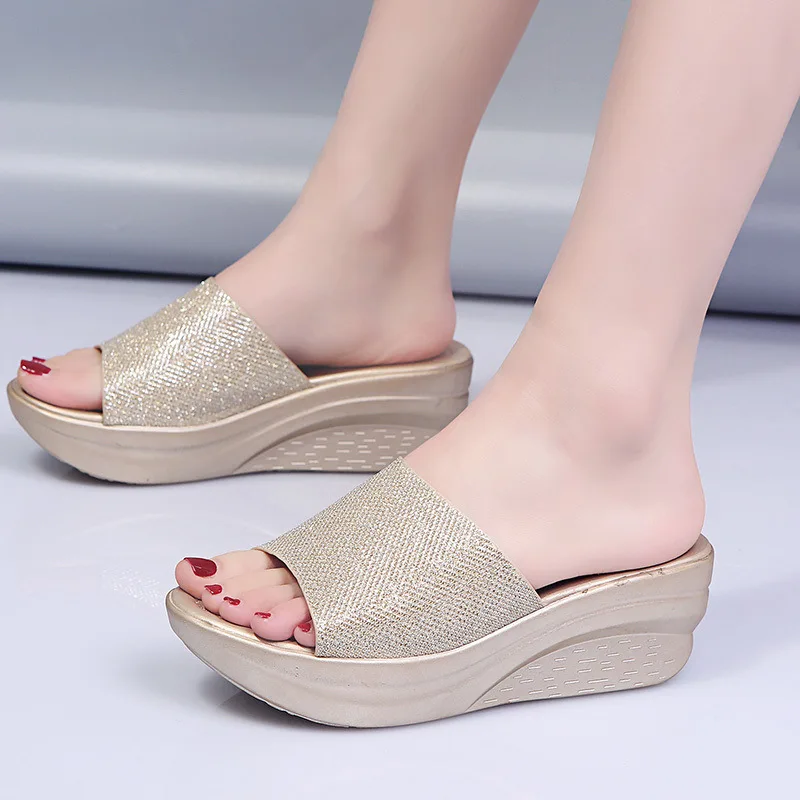 Shoes for Women Summer Sequin Women Comfortable Slippers Thick Sole Wedge Heel Flip Flops Open Toe Sandals 35-41 Beach Shoes