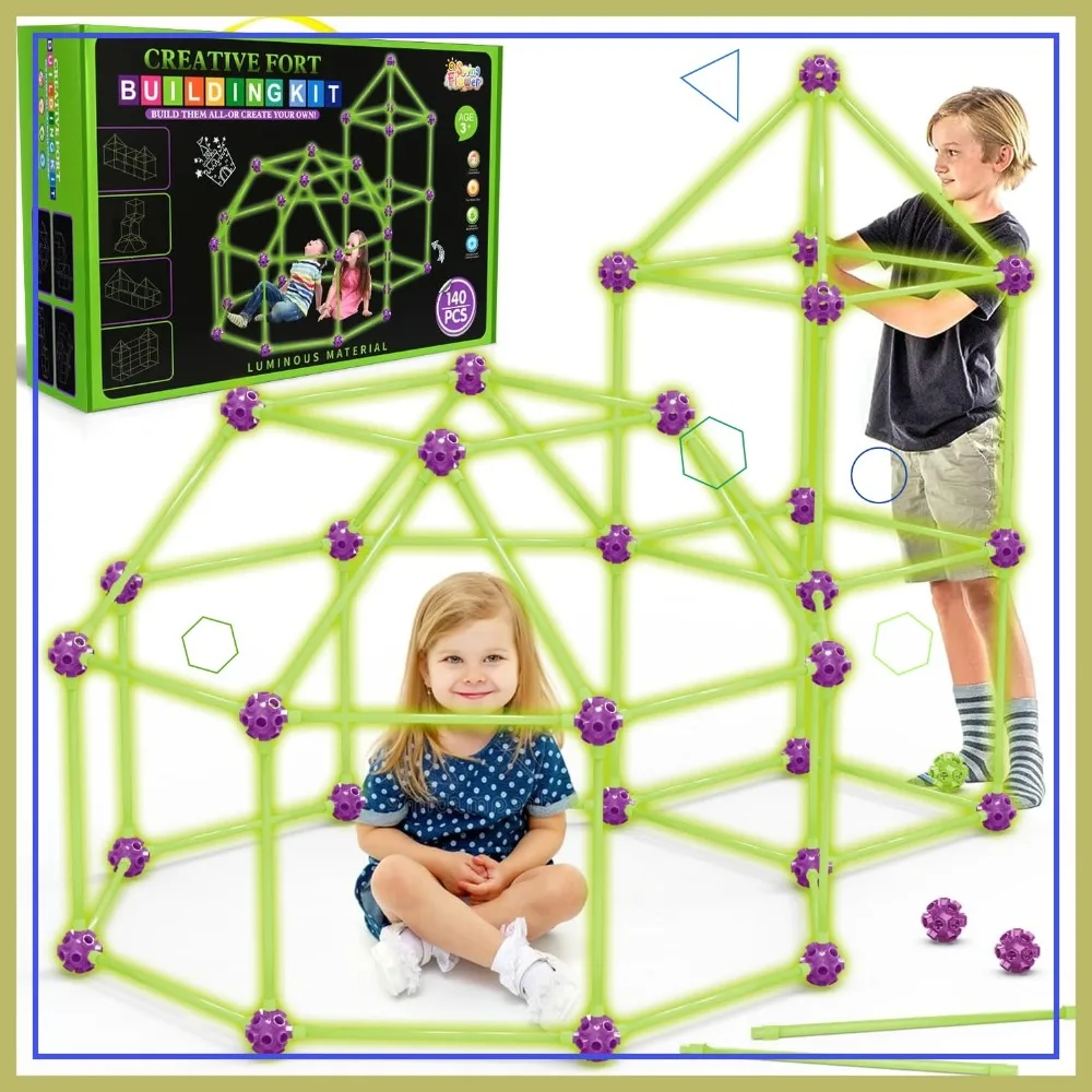 

Glow In The Dark Fort Building Kit for Kids, STEM Construction Toys, 140 Pcs Creative Set for Indoor & Outdoor Activity