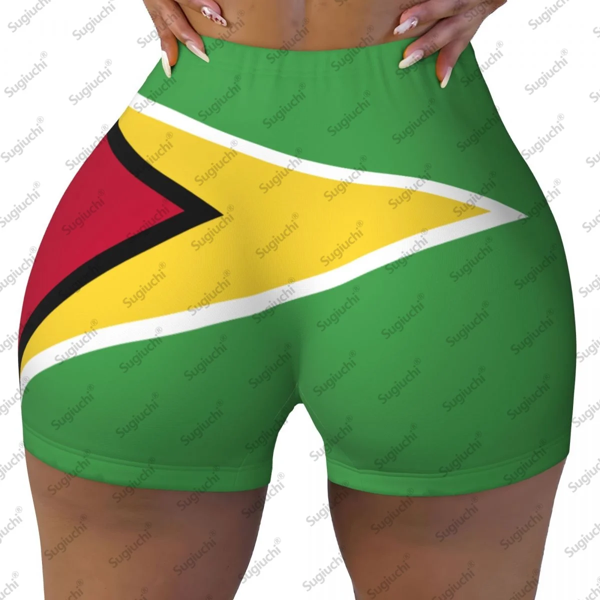 2026年ガイアナ国旗柄ヨガショーツ レディース ワークアウト スクランチバットリフティング ハイウエスト ジム ランニング ショートパンツ