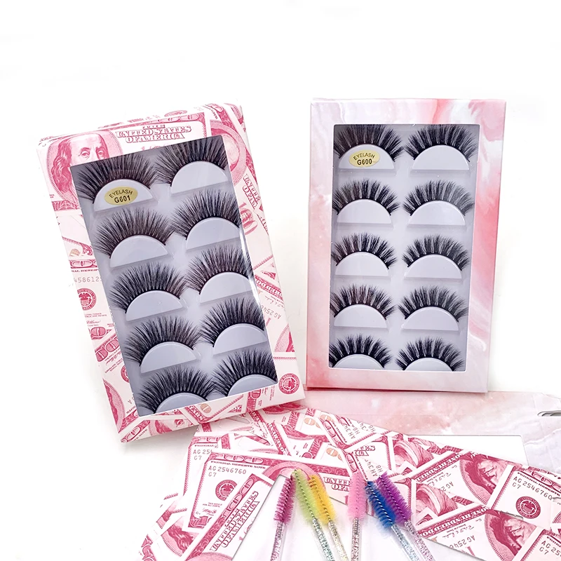 

Wholesale 5 Pairs Natural Fake Eye Lashes With Brush Tweezer Soft Curly Beauty Tools Fluffy Makeup 3D Mink False Eyelashes